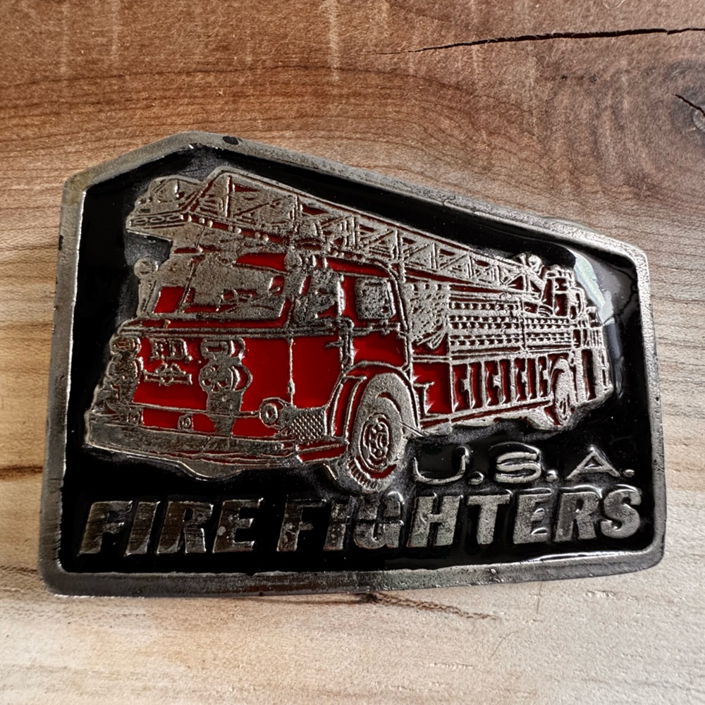 Vintage USA Firefighter Belt Buckle with Red Fire Truck Design